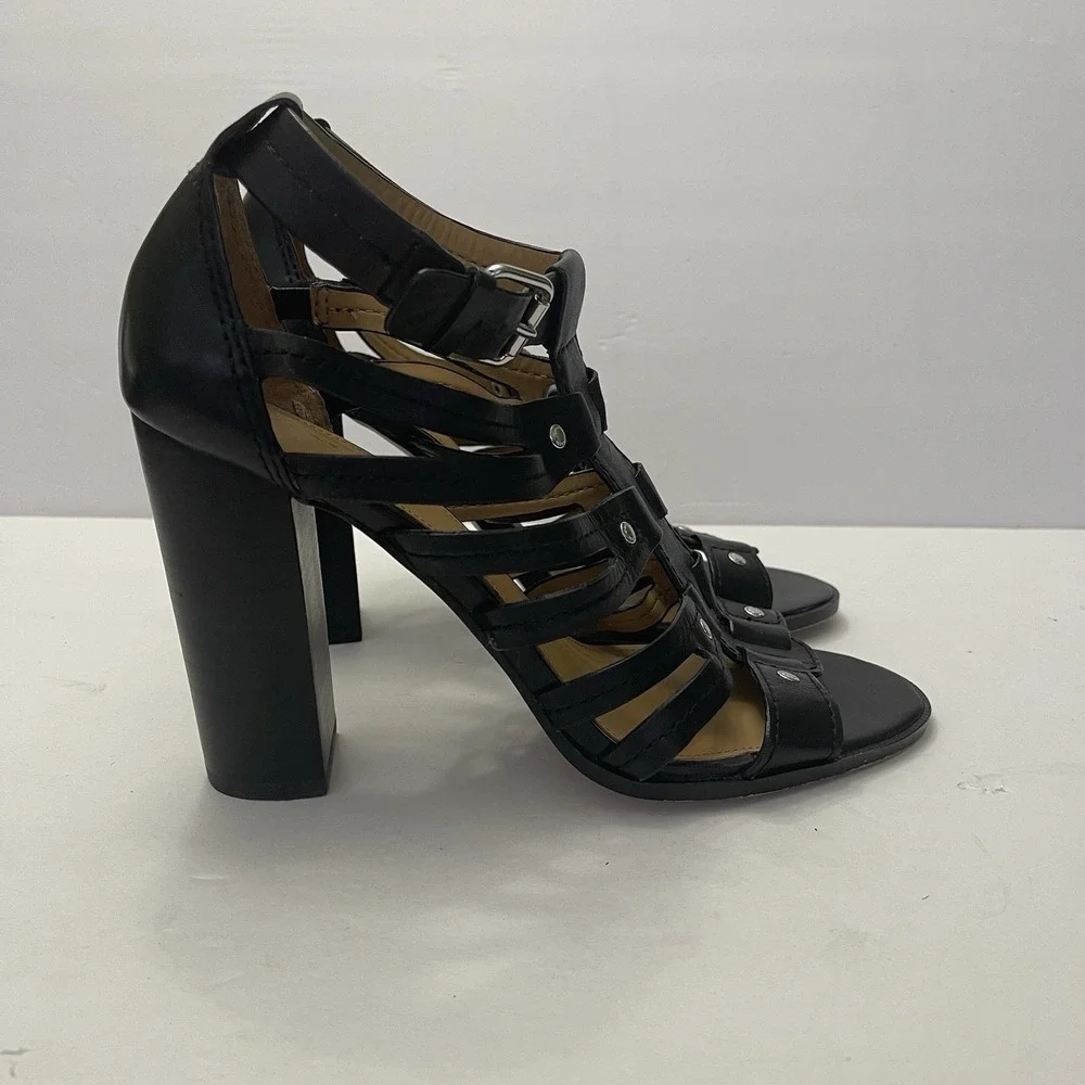 Coach Ginny Gladiator Black Leather Heels Sandals Womens 9.5 B Strappy Studded - Picture 2 of 10